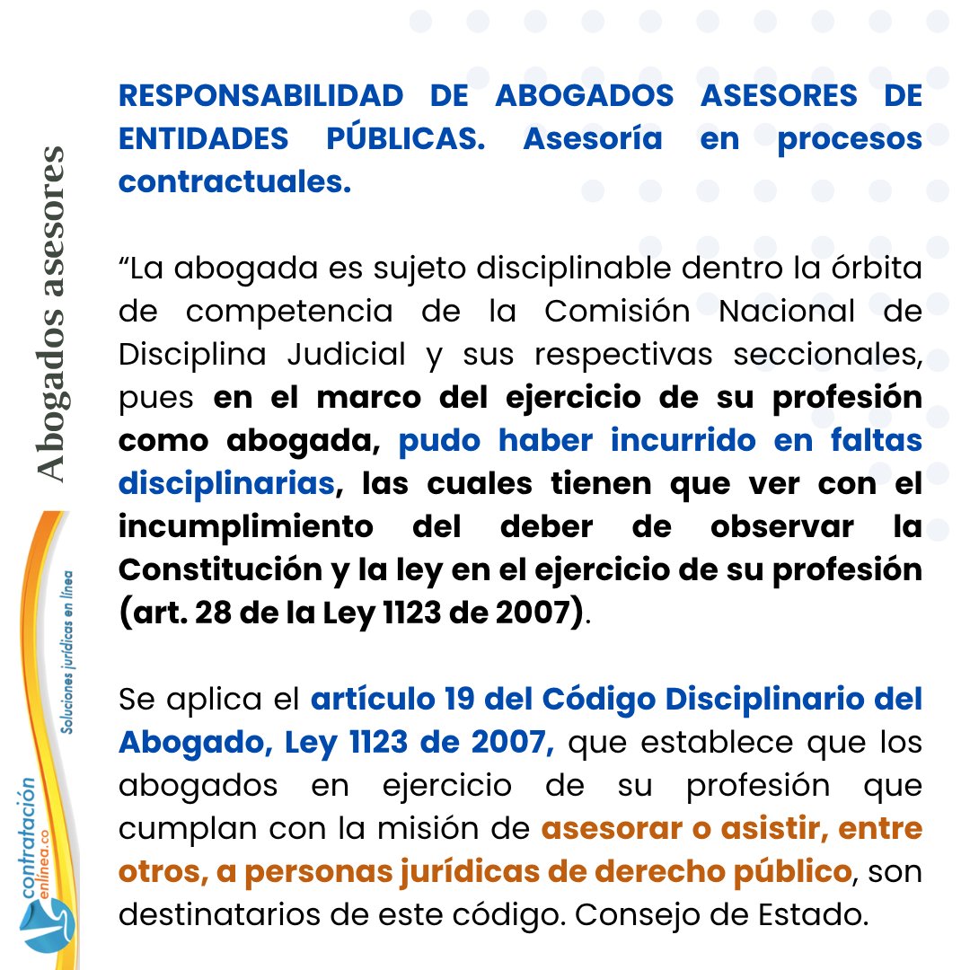 contrataenlinea's tweet photo. 📧 RESPONSABILIDAD DE ABOGADOS ASESORES DE ENTIDADES PÚBLICAS. Asesoría en proceso contractual ¿Cuál es el órgano competente: la Procuraduría General de la Nación o la Comisión Nacional de Disciplina Judicial? Responde el Consejo de Estado https://t.co/5ow8jprYVK https://t.co/kAtDaKtQ5l