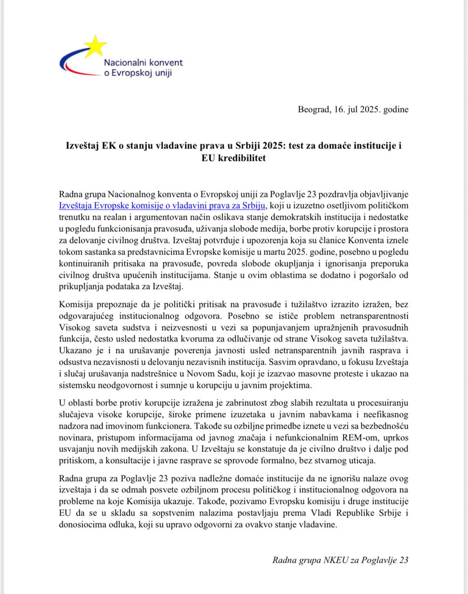 Radna grupa Nacionalnog konventa o Evropskoj uniji za Poglavlje 23 pozdravlja objavljivanje Izveštaja Evropske komisije o vladavini prava za Srbiju, koji u izuzetno osetljivom političkom trenutku na realan i argumentovan način oslikava stanje demokratskih institucija i nedostatke
