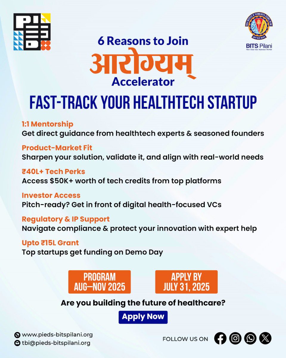 🚀 HealthTech startup? Join Aarogyam Accelerator!
💰 ₹15L grants | 🎁 ₹40L+ perks | 🤝 VC access
⏳ Apply by July 31 → forms.gle/xERuDCgJdJ9Cec…
#HealthTech #StartupIndia #AarogyamAccelerator