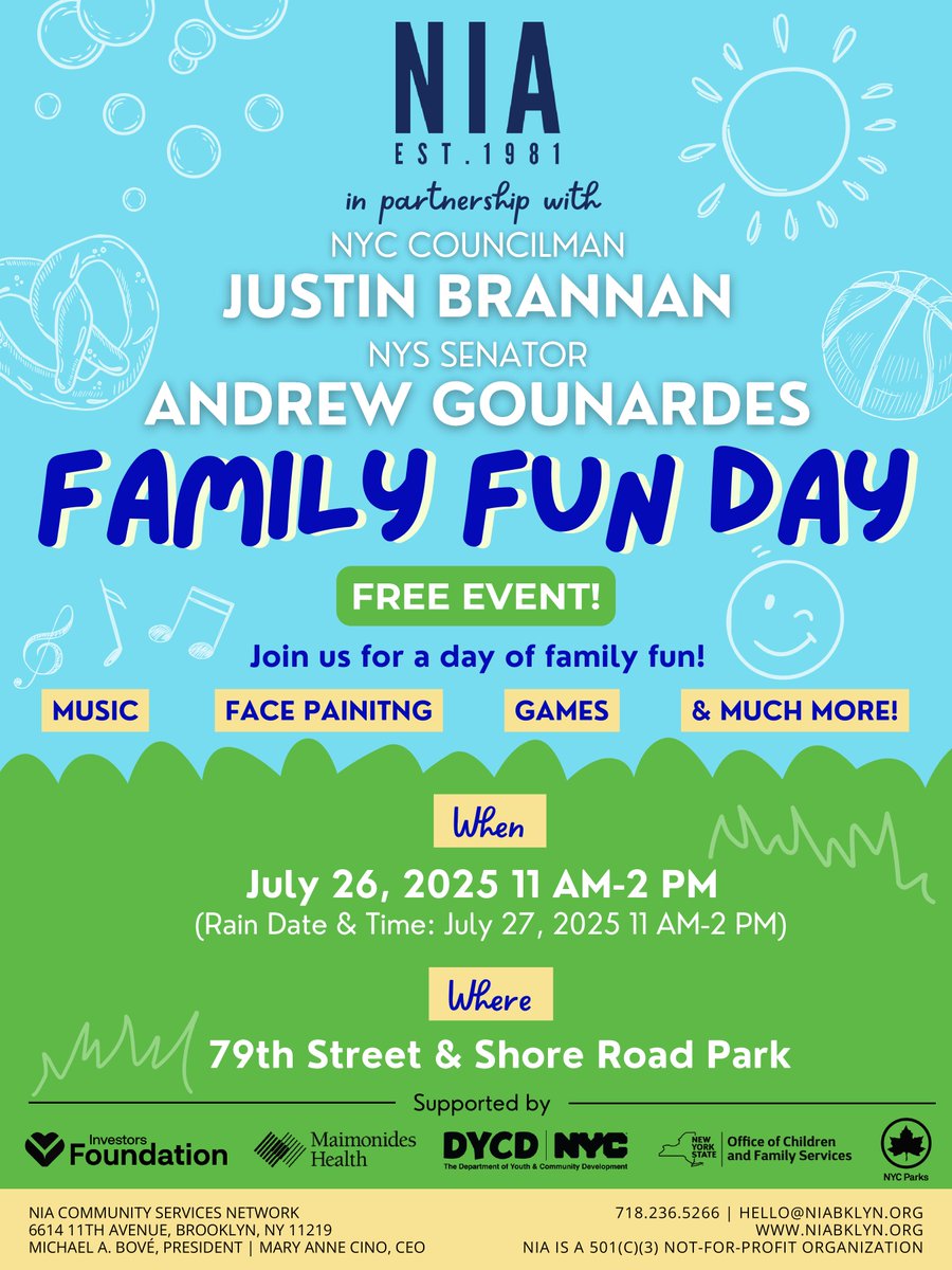 Sen_Gounardes's tweet image. Join me for a fun-filled afternoon on Saturday, July 26th in Shore Road Park. We’ll be kicking off at 11 a.m. with music, face painting, games and more! Rain date July 27th.