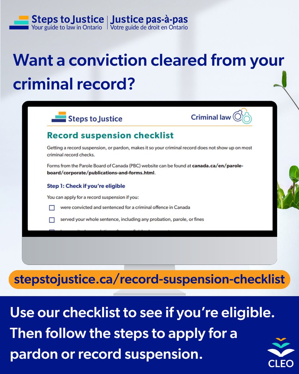 Want a conviction cleared from your criminal record?

Use our checklist to see if you’re eligible. Then follow the steps to apply for a pardon or record suspension.

stepstojustice.ca/record-suspens…