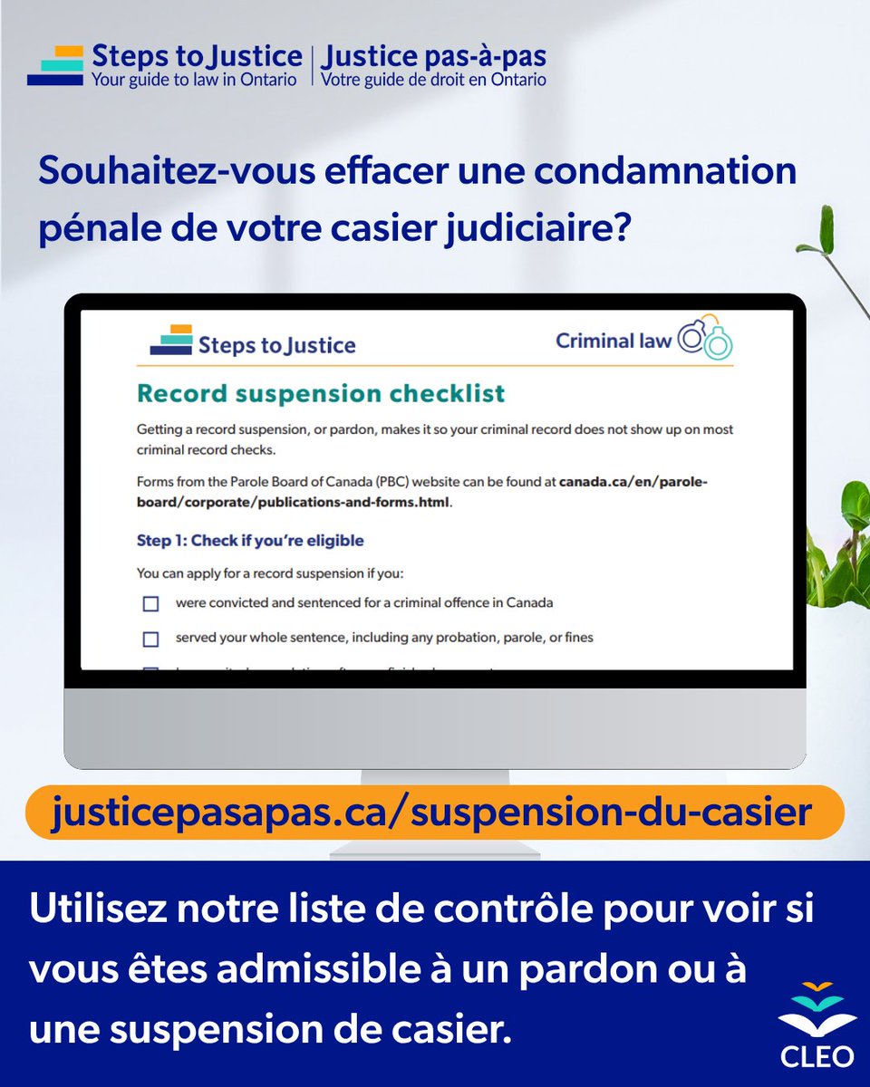 Souhaitez-vous effacer une condamnation pénale de votre casier judiciaire?
 
Utilisez notre liste de contrôle pour voir si vous êtes admissible à un pardon ou à une suspension de casier.

justicepasapas.ca/suspension-du-…