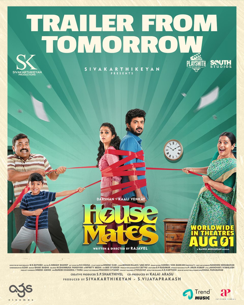 TrendMusic (@trendmusicsouth) on Twitter photo #HouseMates trailer will be out tomorrow at 5 PM.
In theatres from August 1st 🤗
#HousematesFromAug1
<a href="/Siva_Kartikeyan/">Sivakarthikeyan</a> <a href="/KalaiArasu_/">Kalai Arasu</a> <a href="/SKProdOffl/">Sivakarthikeyan Productions</a> <a href="/agscinemas/">AGS Cinemas</a> <a href="/archanakalpathi/">Archana Kalpathi</a> <a href="/aishkalpathi/">Aishwarya Kalpathi</a> <a href="/rajvel_hbk/">rajavel</a> <a href="/Darshan_Offl/">Darshan</a> <a href="/kaaliactor/">Kaali Venkat</a> #ArshaBaiju @vinodhiniunoffl <a href="/ActDheena/">Act_Dheena</a> #HouseMates trailer will be out tomorrow at 5 PM.
In theatres from August 1st 🤗
#HousematesFromAug1
<a href="/Siva_Kartikeyan/">Sivakarthikeyan</a> <a href="/KalaiArasu_/">Kalai Arasu</a> <a href="/SKProdOffl/">Sivakarthikeyan Productions</a> <a href="/agscinemas/">AGS Cinemas</a> <a href="/archanakalpathi/">Archana Kalpathi</a> <a href="/aishkalpathi/">Aishwarya Kalpathi</a> <a href="/rajvel_hbk/">rajavel</a> <a href="/Darshan_Offl/">Darshan</a> <a href="/kaaliactor/">Kaali Venkat</a> #ArshaBaiju @vinodhiniunoffl <a href="/ActDheena/">Act_Dheena</a>
