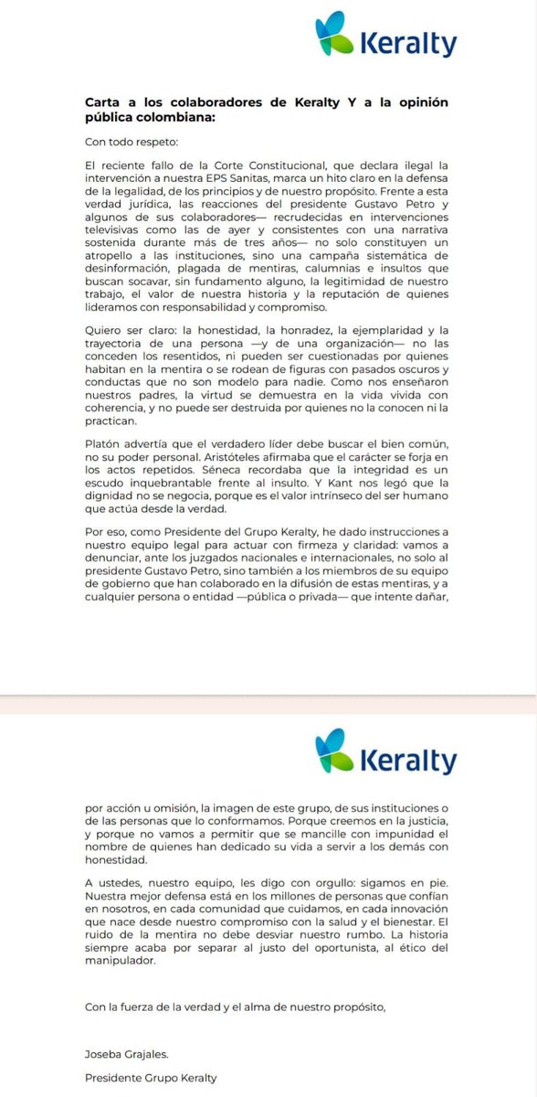 BluRadioCo's tweet photo. #Atención El grupo Keralty, casa matriz de EPS Sanitas, denunciará al presidente Gustavo Petro y a los miembros del Gobierno que "han difundido mentiras y que han intentado dañar la imagen del grupo". El anuncio llega luego de que el mandatario llamara criminal al presidente del grupo.