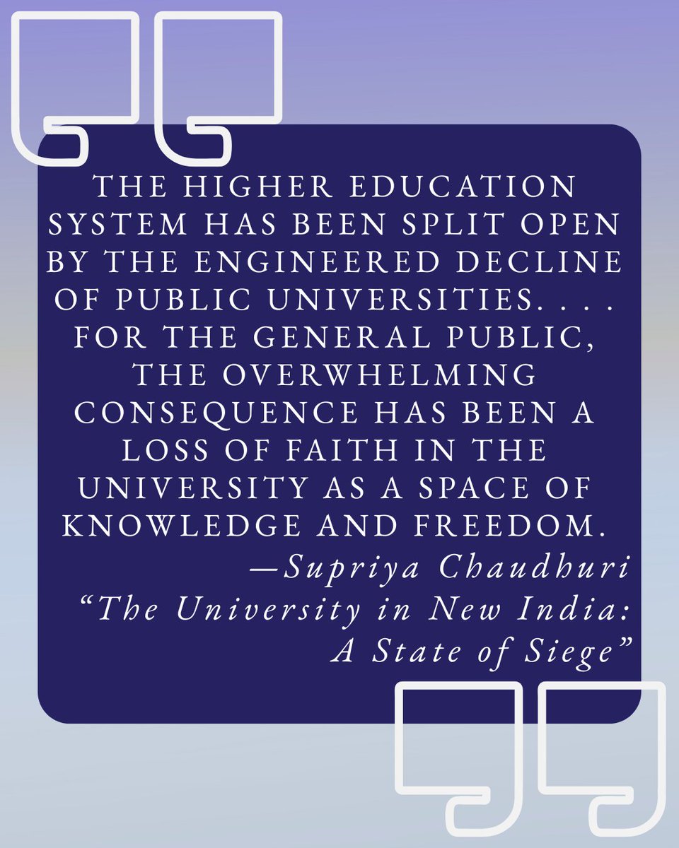 SocResJournal's tweet image. “The higher education system has been split open by the engineered decline of public universities. . . . For the general public, the overwhelming consequence has been a loss of faith in the university as a space of knowledge and freedom.”—Supriya Chaudhuri
Read Chaudhuri’s…