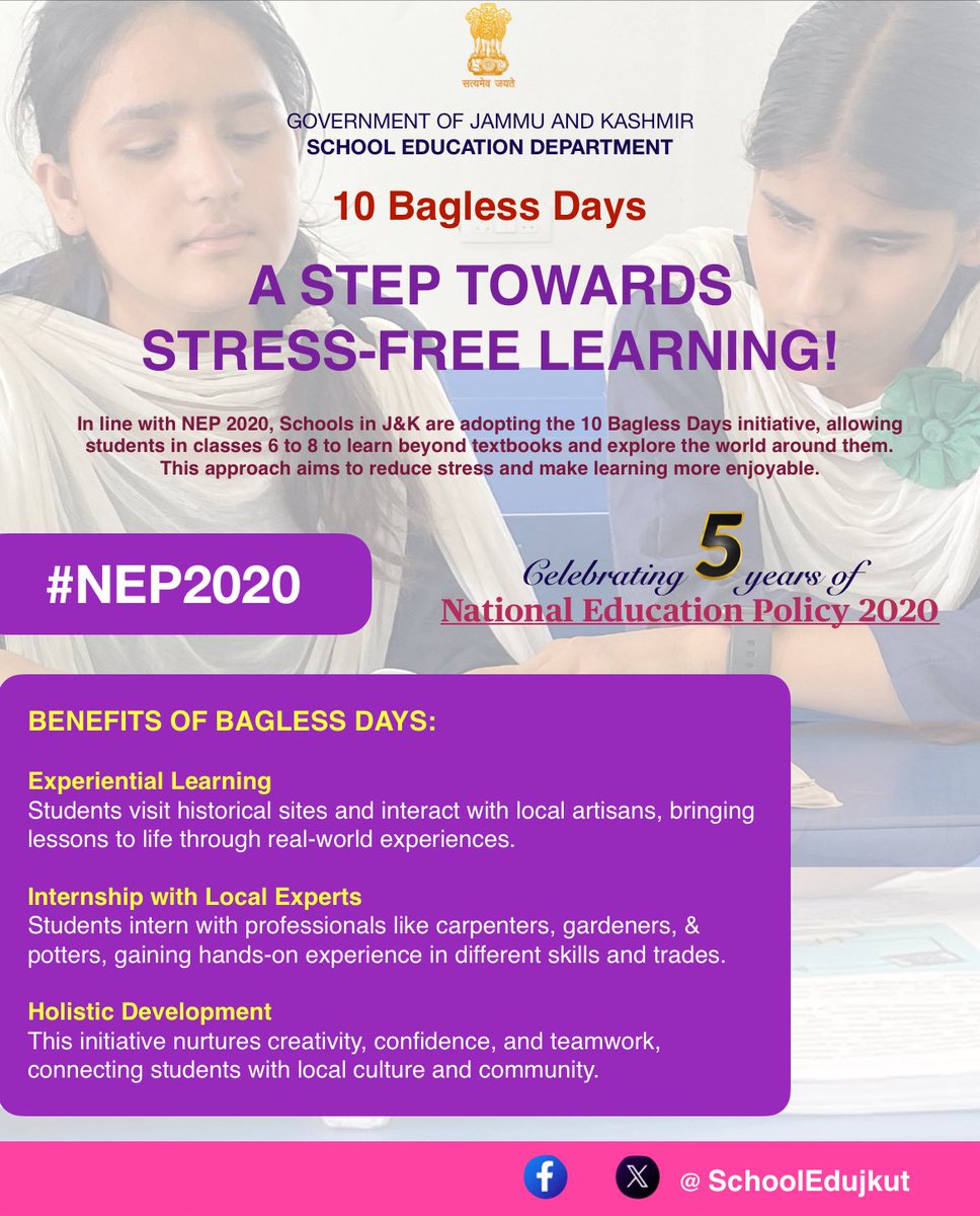 School Education Department J&K (@schooledujkut) on Twitter photo #NEP2020 emphasizes on giving exposure to children on vocational education from middle level through experiential learning, internships, bagless days, etc. The purpose is to inculcate employment-based skills in students at an early stage. <a href="/EduMinOfIndia/">Ministry of Education</a> #NEP2020 emphasizes on giving exposure to children on vocational education from middle level through experiential learning, internships, bagless days, etc. The purpose is to inculcate employment-based skills in students at an early stage. <a href="/EduMinOfIndia/">Ministry of Education</a>