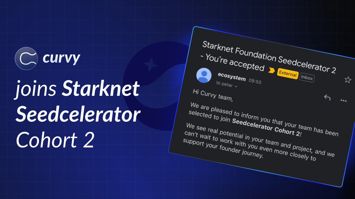 Curvy has been selected to join Seedcelerator 2 by the <a href="/StarknetFndn/">Starknet Foundation</a>

We are excited to keep growing, learning, and building the future of crypto payments, with the support of the <a href="/Starknet/">Starknet 🐺🐱</a> ecosystem.

We are just getting started!