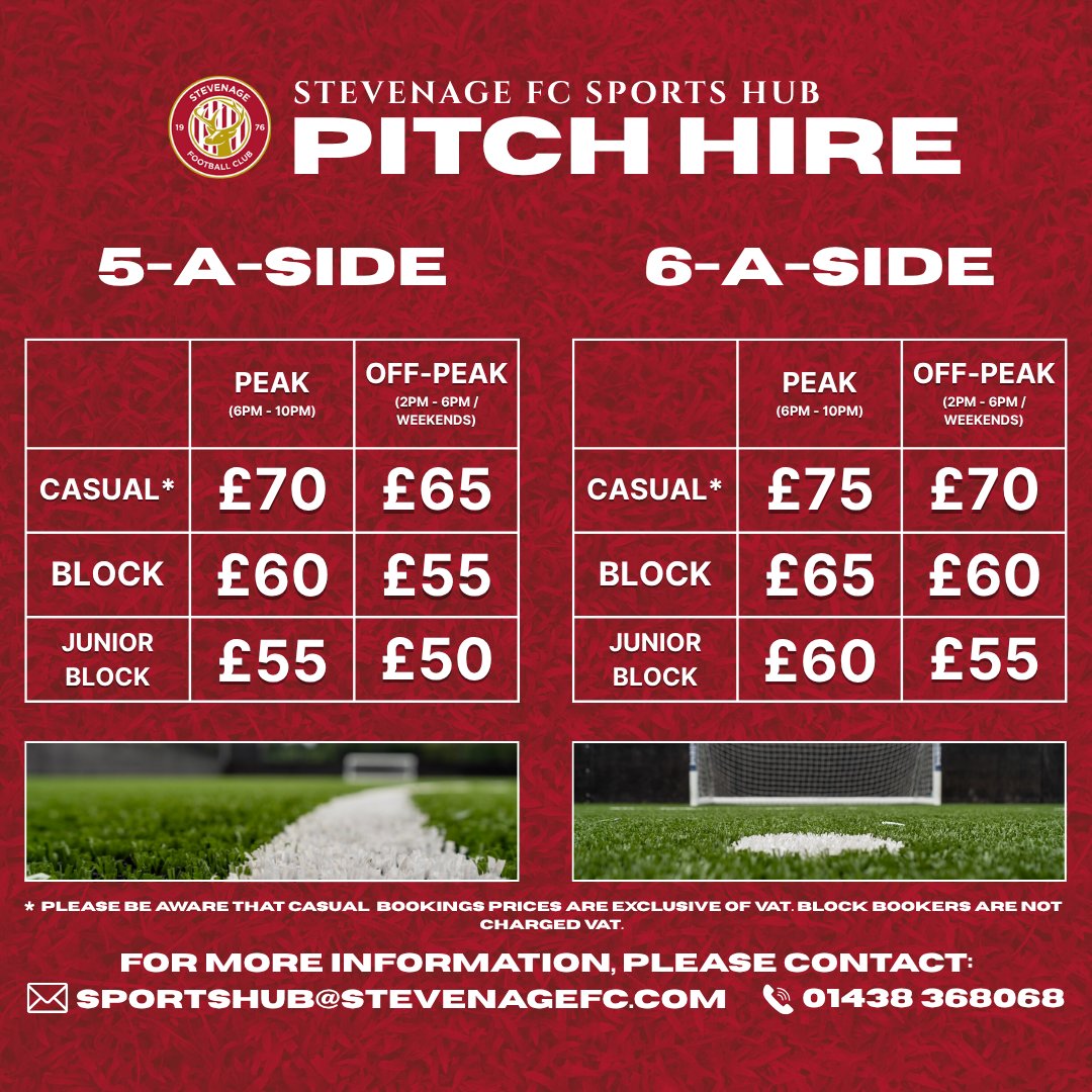 Stevenage FC Sports Hub (@sfcsportshub) on Twitter photo Looking to book a pitch? Stevenage FC Sports Hub has you covered!
🔥 5-a-side & 6-a-side pitches available
⚽️ State of the art 3G surface
Interested in a block booking? Contact:
✉️ sportshub@stevenagefc.com
📞 01438 368068 Looking to book a pitch? Stevenage FC Sports Hub has you covered!
🔥 5-a-side & 6-a-side pitches available
⚽️ State of the art 3G surface
Interested in a block booking? Contact:
✉️ sportshub@stevenagefc.com
📞 01438 368068