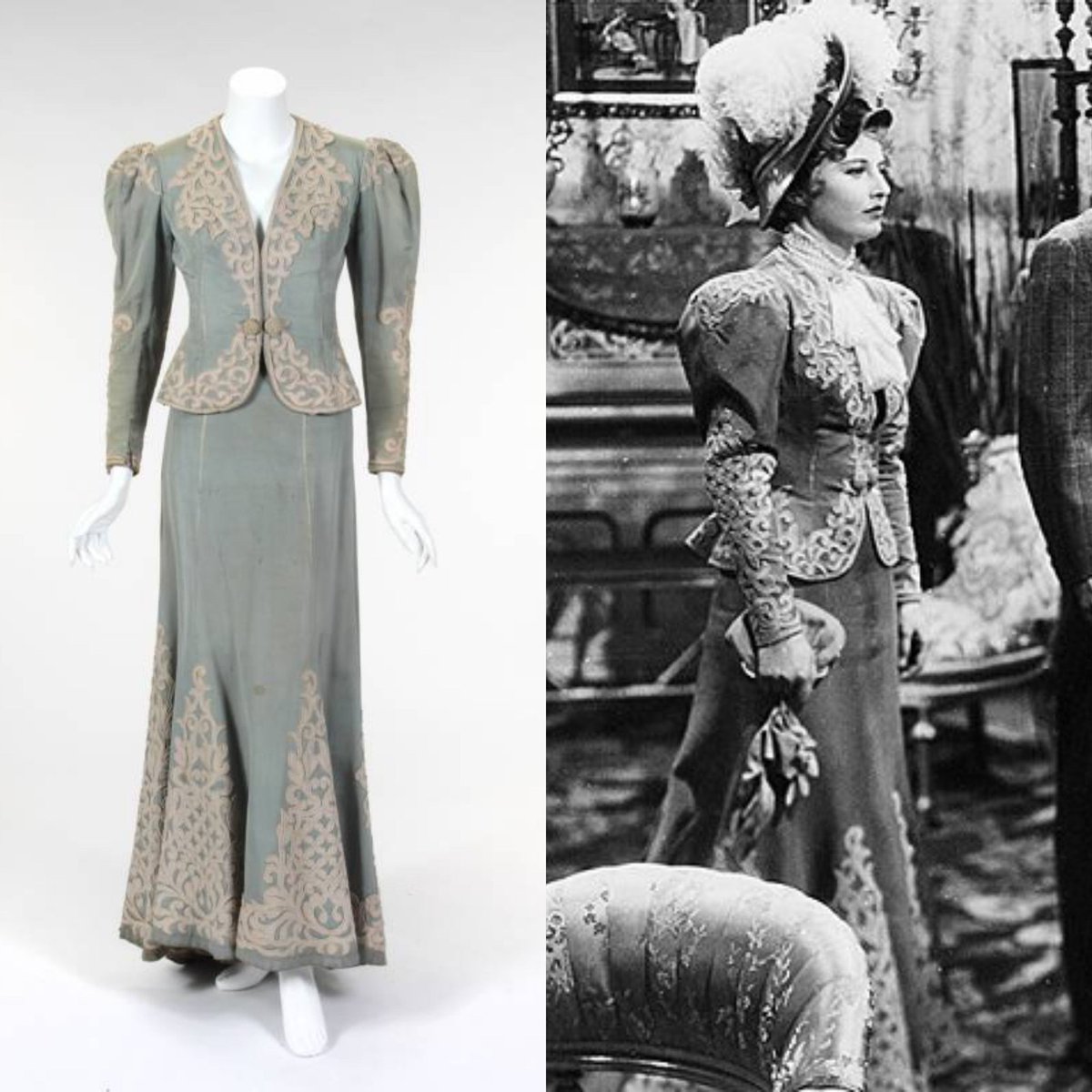 vickyhaddock's tweet image. Actress Barbara Stanwyck was born #OnThisDay in 1907. She wore this Royer designed two-piece pale green silk faille period ensemble, comprising of a fitted jacket and skirt embellished with wool appliqué, as Lil Duryea in This is My Affair (1937). @JuliensAuctions #film #costume