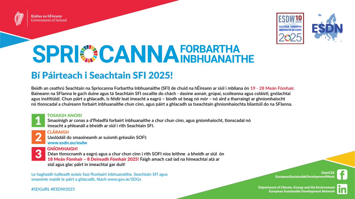 DeptCEE's tweet image. Beidh an ceathrú Seachtain Spriocanna Forbartha Inbhuanaithe de chuid na hÉireann riamh á hóstáil ag @DeptCEE agus @LibrariesIre idir an 19 agus an 28 Meán Fómhair mar chuid de Sheachtain Forbartha Inbhuanaithe na hEorpa.
Tuilleadh faisnéise ag gov.ie/sdgs