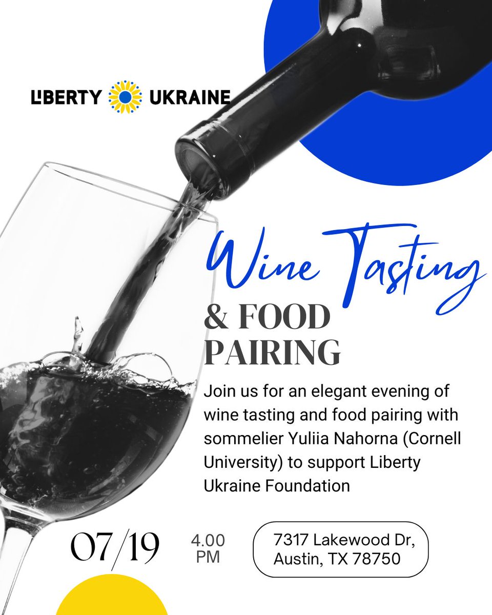LibertyUkraineF's tweet image. 🍷 Wine Tasting & Food Pairing Evening to Support Ukraine 🇺🇦
Join Liberty Ukraine Foundation for an elegant evening of wine tasting and curated food pairings, guided by sommelier Yuliia Nahorna, a Cornell University graduate.
Savor hand-selected wines paired with gourmet bites…