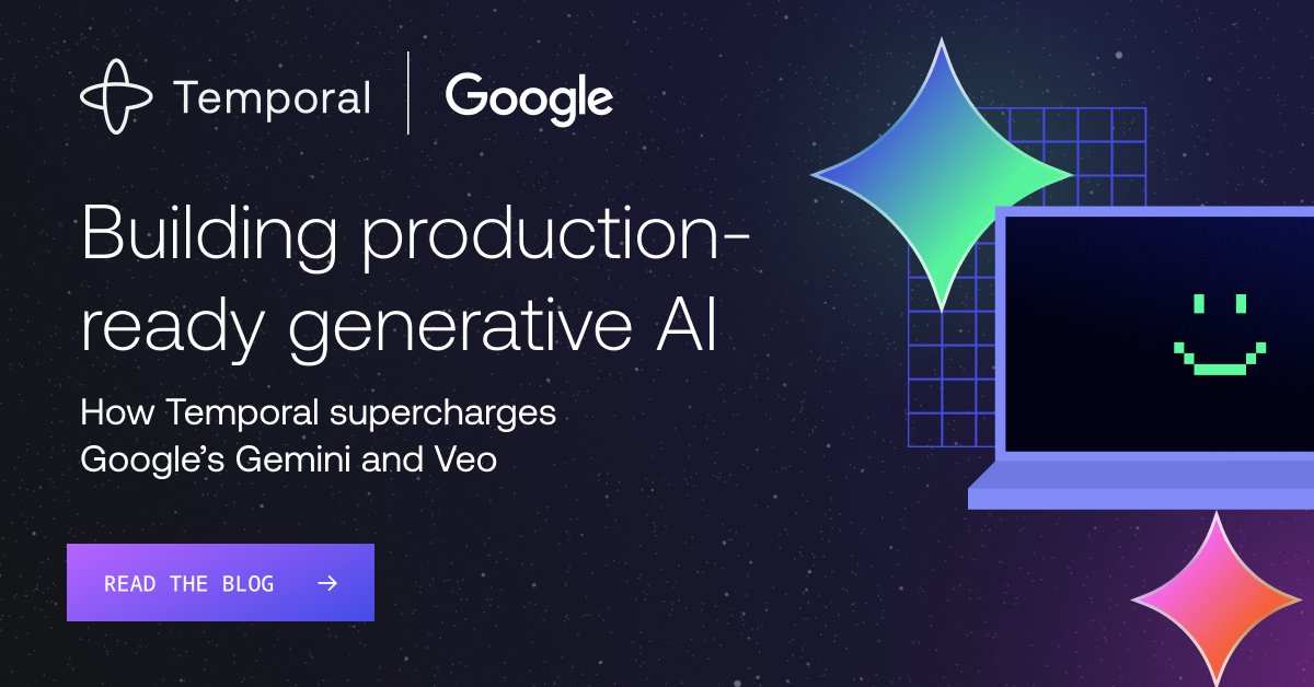 temporalio's tweet image. That cool AI agent you built? It’ll break in prod.
Unless you’re using us + Google Gemini/Veo, like our new open-source video generator. Durable Execution, no lost work. Stop coding retries. Start shipping AI.
@googleaidevs + @temporalio
📖 Read up: temporal.io/blog/build-pro…