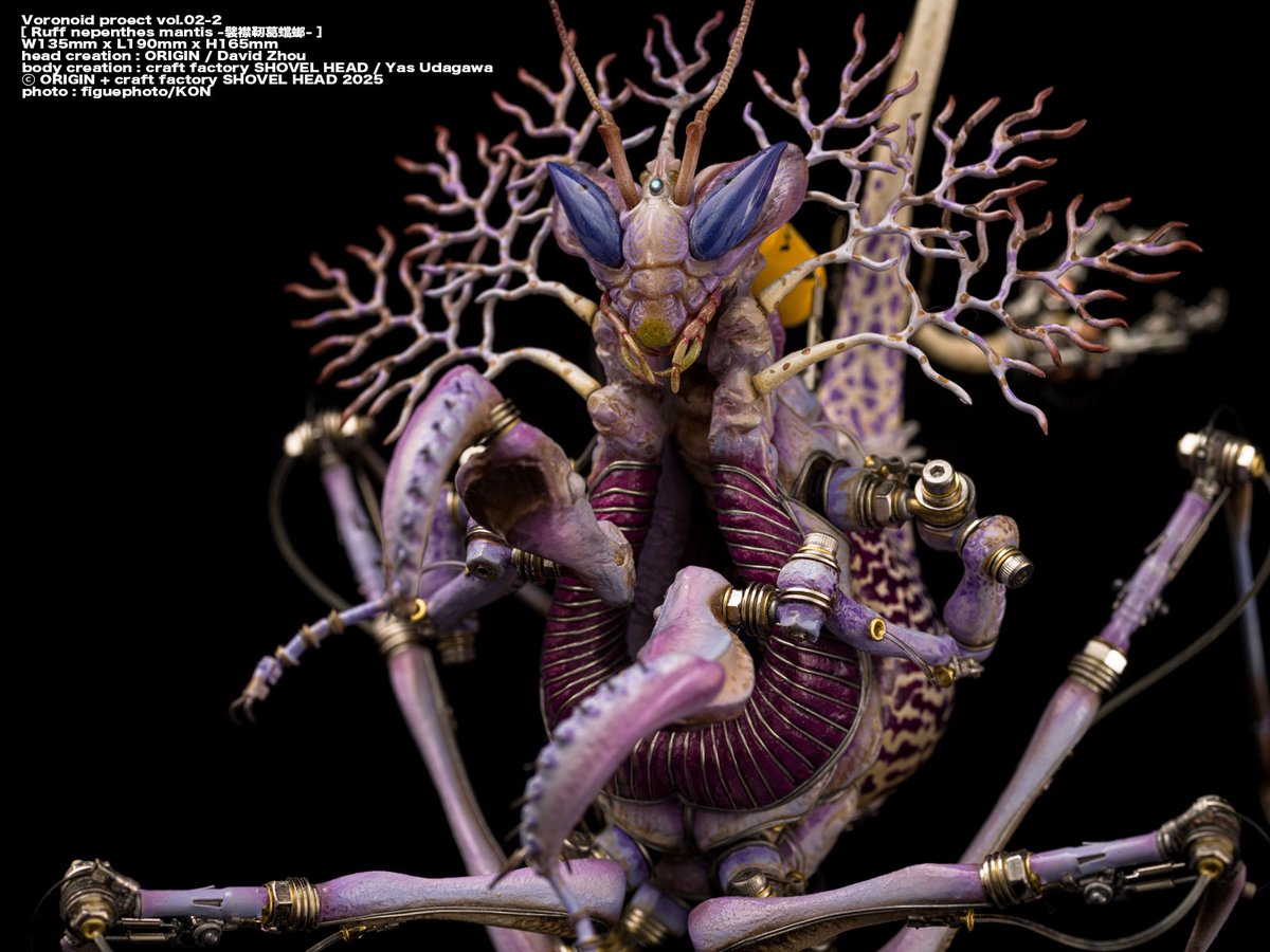 aways_somewhere's tweet image. Voronoid proect vol.02-2
［ Ruff nepenthes mantis -襞襟靭葛蟷螂- ］
W135mm x L190mm x H165mm
head creation = ORIGIN / David Zhou
body and base creation = craft factory SHOVEL HEAD / Yas Udagawa
Tokyo WF  booth no. [2-22-01]
ugauga.jp