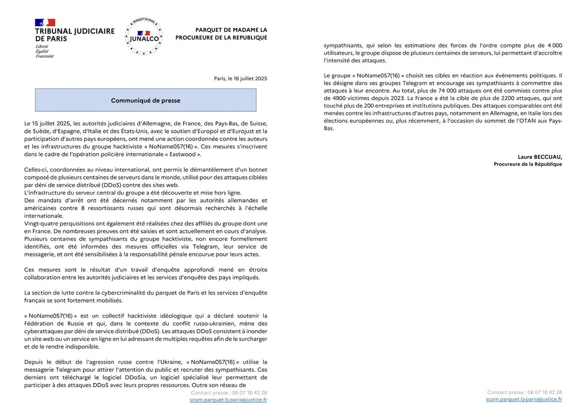Excellente nouvelle !!! Les autorités judiciaires de 8 pays dont la France ont démantelé avec le soutien d'Europol et Eurojust les infrastructures réseau de hackers pro-Kremlin « NoNome057(16) » et lancé un mandat d'arrêt contre 8 ressortissants russes.