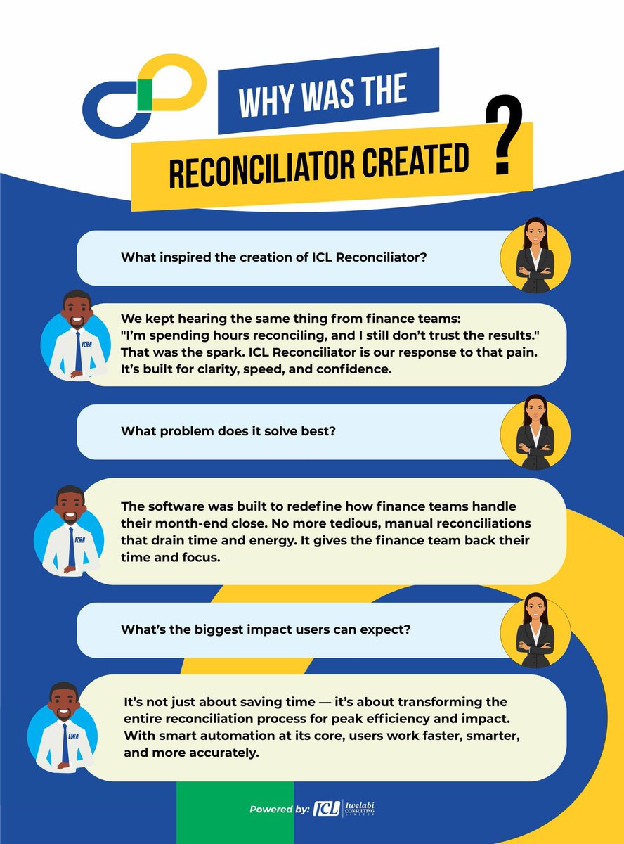 iwelabiconsult's tweet image. “Why was it built?”

Get the story behind the ICL Reconciliator — from pain points to purpose — as shared by Victory, one of the minds behind the innovation.

Built by those who listen. Designed for those who reconcile.

#ICLReconciliator #MeetTheMakers #AIForFinance