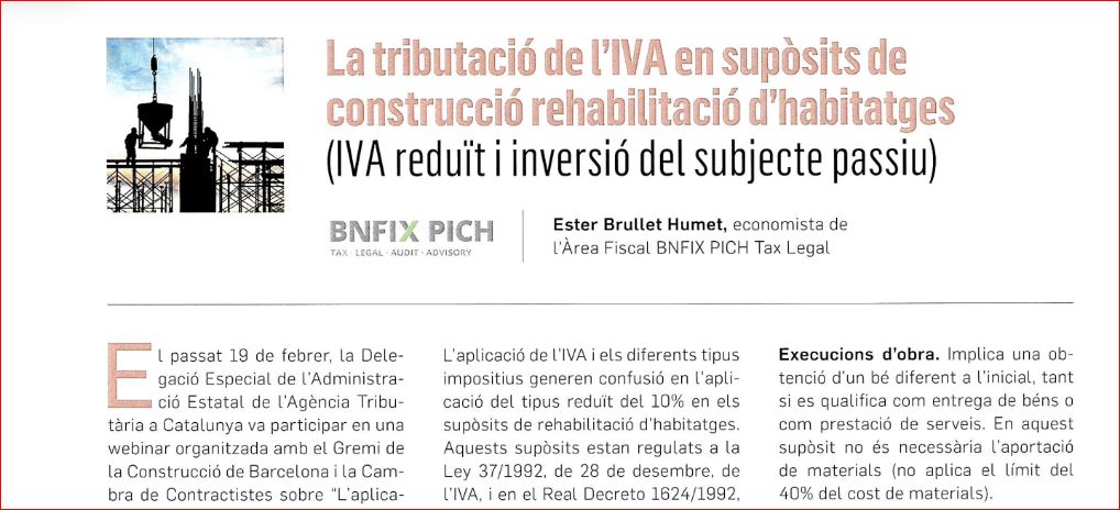 BNFIX PICH tax · legal · audit (@bnfixpich) on Twitter photo 🏗️En quines obres de construcció o rehabilitació es pot aplicar el tipus reduït d'#IVA del 10%? Quins requisits ha de complir l'obra?
L'economista de l'Àrea Fiscal <a href="/esterbrullet/">ester brullet</a> ho explica en aquest article de la revista de <a href="/ConstructorsBCN/">Gremi de la Construcció de Barcelona</a>
🔗 pich.bnfix.com/wp-content/upl… 🏗️En quines obres de construcció o rehabilitació es pot aplicar el tipus reduït d'#IVA del 10%? Quins requisits ha de complir l'obra?
L'economista de l'Àrea Fiscal <a href="/esterbrullet/">ester brullet</a> ho explica en aquest article de la revista de <a href="/ConstructorsBCN/">Gremi de la Construcció de Barcelona</a>
🔗 pich.bnfix.com/wp-content/upl…