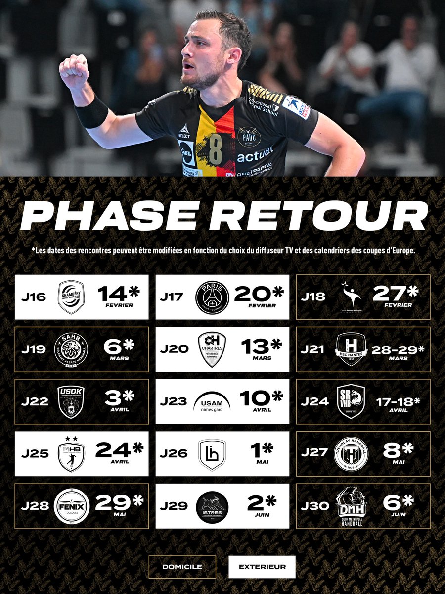 𝗖𝗔𝗟𝗘𝗡𝗗𝗥𝗜𝗘𝗥 𝗗𝗘 𝗟𝗔 𝗦𝗔𝗜𝗦𝗢𝗡 𝟮𝟬𝟮𝟱-𝟮𝟬𝟮𝟲 ! 📆

Le calendrier du PAUC pour cette 𝗦𝗔𝗜𝗦𝗢𝗡 𝟮𝟬𝟮𝟱-𝟮𝟬𝟮𝟲 de Liqui Moly Starligue ! 🔥

*Sous réserve de la validation de la C.O.C

𝙐𝙉𝙄𝙎 𝙋𝙊𝙐𝙍 𝙂𝘼𝙂𝙉𝙀𝙍 ! 🏆

#EnjoyYourPauc #PAUC