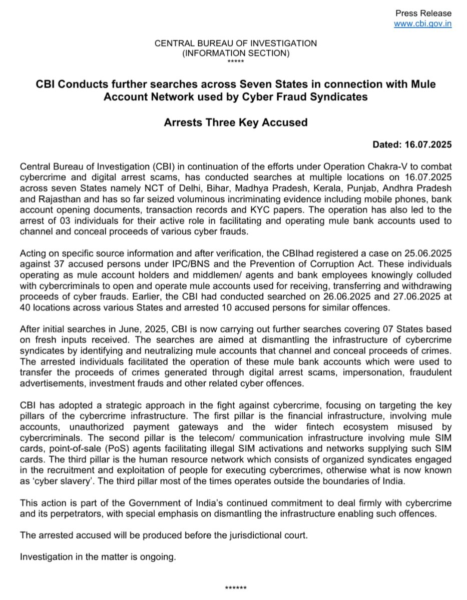 CBI Conducts further searches across Seven States in connection with Mule Account Network used by Cyber Fraud Syndicates; Arrests Three Key Accused