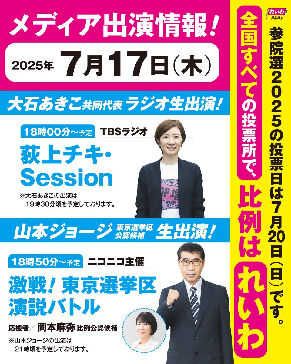 reiwa_kokkai's tweet image. 2025年7月17日(木)
\メディア出演情報🚀/
◼️大石あきこ 共同代表 ラジオ生出演!
TBSラジオ
「荻上チキ・Session」
18時00分~ 予定
※大石あきこの出演は19時30分~を予定しております。
◼️山本ジョージ 東京選挙区公認候補 生出演!
ニコニコ主催
「激戦!東京選挙区 演説バトル」…