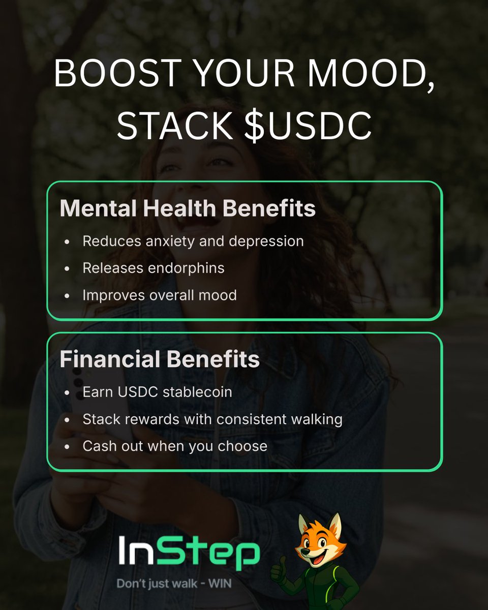 Instep_app's tweet image. BOOST YOUR MOOD & STACK $USDC
Boost your mood with a midday stroll, stack USDC with every step.
Download InStep today to feel better and earn more 👇
invite.instep.fit/?r=INSTEP1