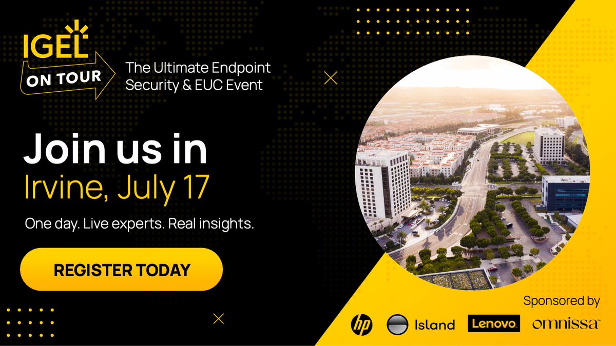 IGEL_Technology's tweet image. TOMORROW! ⏳ Join us for an action-packed, one-day event in Irvine, California, designed for IT leaders, architects, and endpoint pros who want to stay ahead of the curve. 🙌🏻 IGEL on Tour brings you face-to-face with IGEL experts, top industry sponsors, and a curated agenda of…