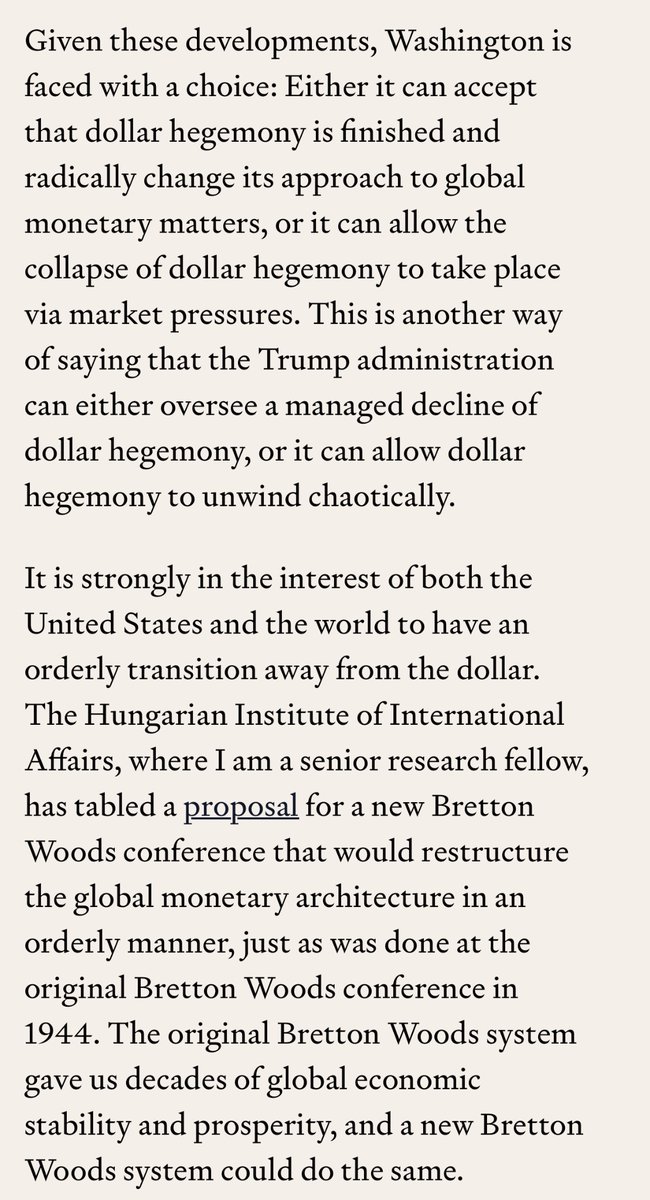 DusenburyDavid's tweet image. Biden-era sanctions & the seizure of Russian assets destabilized the dollar’s hegemony; Trump-era tariffs are intensifying the crisis. Is it time for a new Bretton Woods? — Philip Pilkington brings a big idea in the pages of @compactmag_
@philippilk