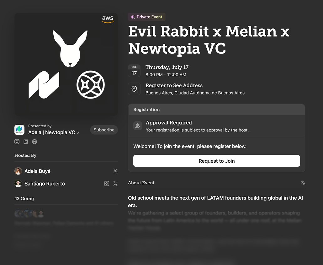 Evil Rabbit (@evilrabbit_) on Twitter photo Se viene una GRAN juntada con amigos, y no puedo dejar de agradecer a <a href="/SantiagoMelian_/">Santiago Ruberto</a> por organizarla junto al increíble equipo de <a href="/meliandotcom/">Melian</a> y <a href="/NewtopiaVC/">NewtopiaVC</a> Nos vemos mañana! 🤍 Se viene una GRAN juntada con amigos, y no puedo dejar de agradecer a <a href="/SantiagoMelian_/">Santiago Ruberto</a> por organizarla junto al increíble equipo de <a href="/meliandotcom/">Melian</a> y <a href="/NewtopiaVC/">NewtopiaVC</a> Nos vemos mañana! 🤍