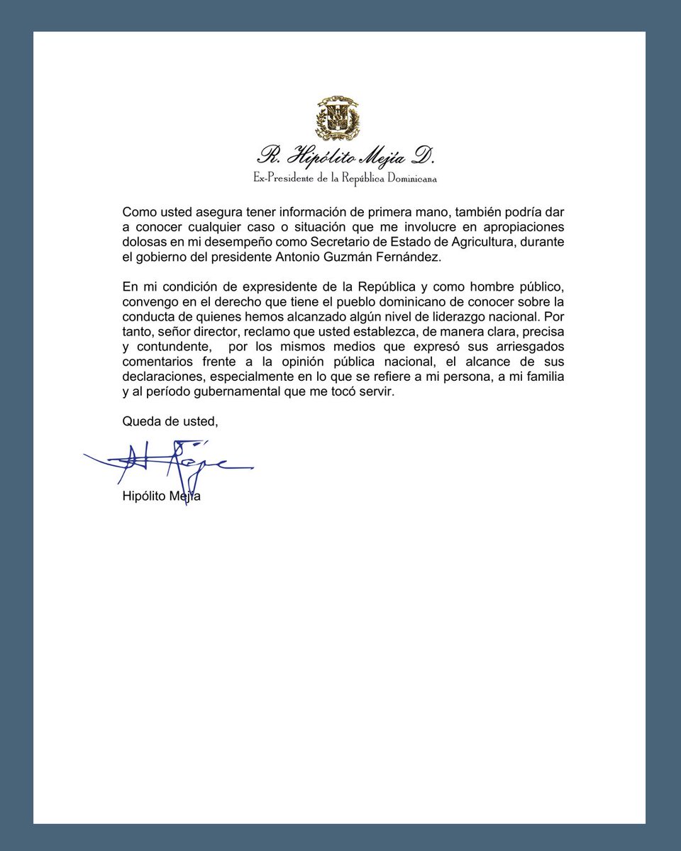 En defensa del honor y la transparencia, me veo en la obligación de responder públicamente a las declaraciones del Director General de Bienes Nacionales, que afectan directamente la integridad de mi gestión como presidente de la República.

Aquí mi carta dirigida al señor Rafael
