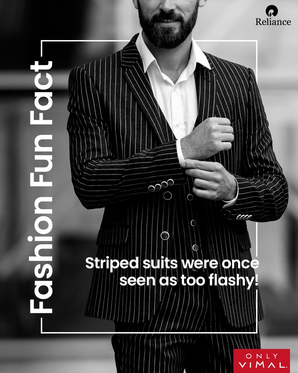 OnlyVimal_India's tweet photo. In the 1920s, striped suits were seen as loud and uncouth, favoured by rebels, jazz musicians and mobsters. Glad that the times have changed.
#OnlyVimal #OnlyVimalIndia #Reliance #RelianceIndustries #RelianceTextiles https://t.co/RpB3K9riJs
