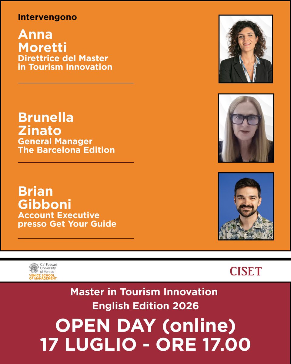 Ecco il programma ufficiale dell'Open Day del 17 luglio alle ore 17.00 online: presentiamo il Master in Tourism 
Per partecipare iscriviti gratuitamente al link: bit.ly/40ip5v0

#master #formazione #turismo