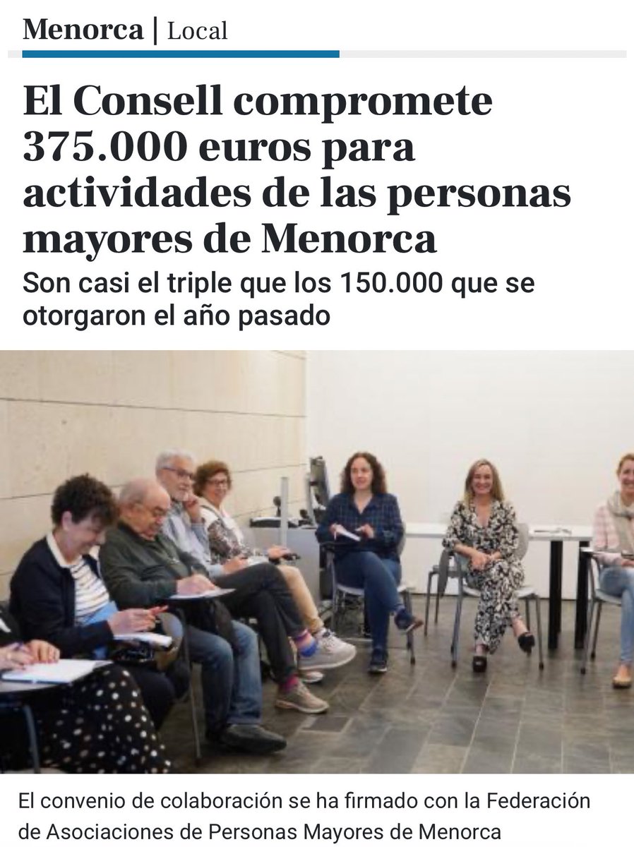 PP Menorca (@ppmenorca) on Twitter photo 🔵Es <a href="/ConsellMenorca/">Consell de Menorca</a> reforça es seu compromís amb sa gent gran de s’illa.
✍🏼Es conveni amb sa Federació d’Associacions de Persones Majors augmenta de 150.000 a 375.000 €, amb s’objectiu d’afavorir es benestar i millorar sa seva qualitat de vida.
🗞️ menorca.info/menorca/local/… 🔵Es <a href="/ConsellMenorca/">Consell de Menorca</a> reforça es seu compromís amb sa gent gran de s’illa.
✍🏼Es conveni amb sa Federació d’Associacions de Persones Majors augmenta de 150.000 a 375.000 €, amb s’objectiu d’afavorir es benestar i millorar sa seva qualitat de vida.
🗞️ menorca.info/menorca/local/…