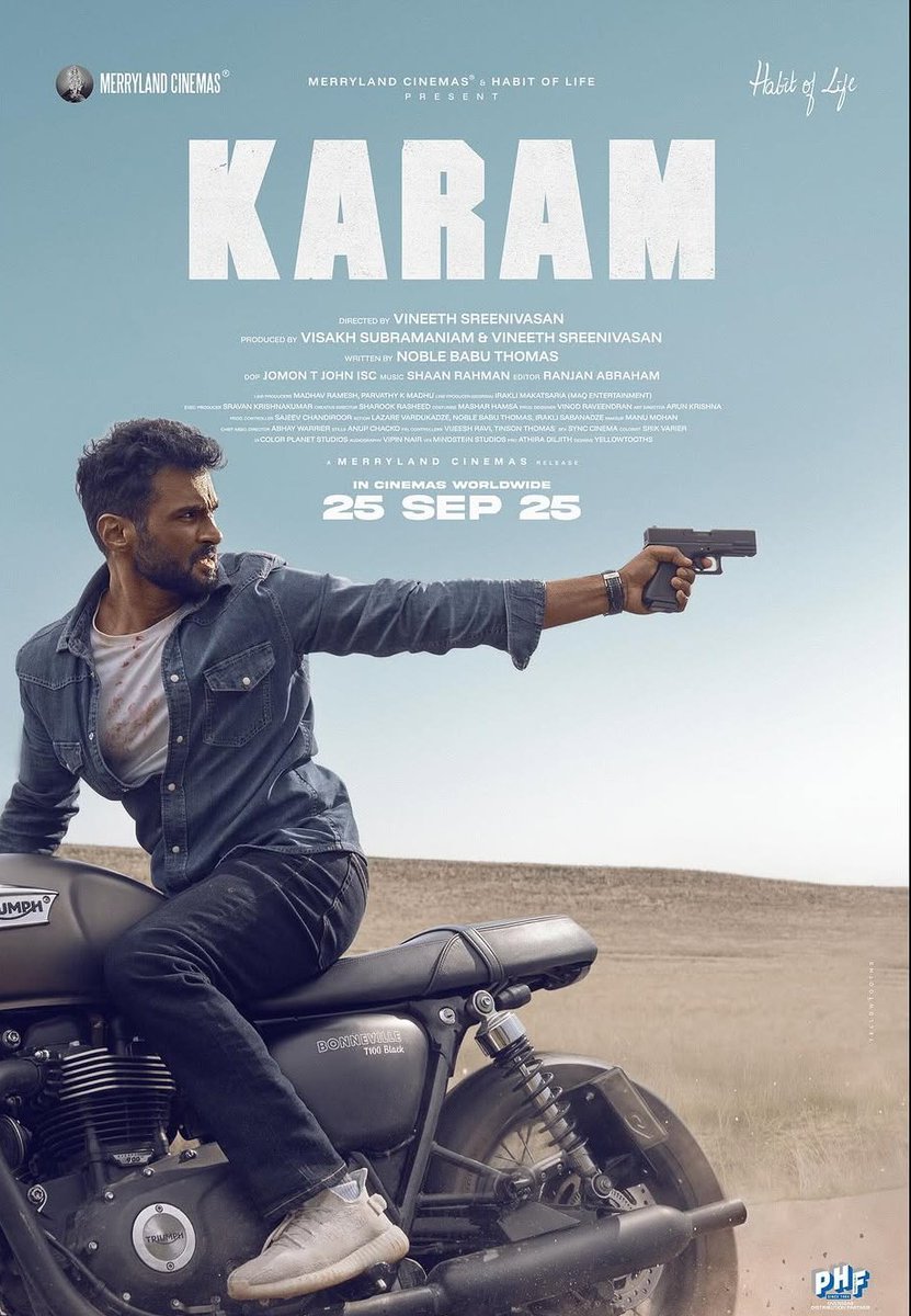Vineeth Sreenivasan’s next is here! 🔥
#Karam – First Look out now.

Written by &amp; starring Noble Babu Thomas.

In cinemas worldwide 🌍 25 Sept 2025.