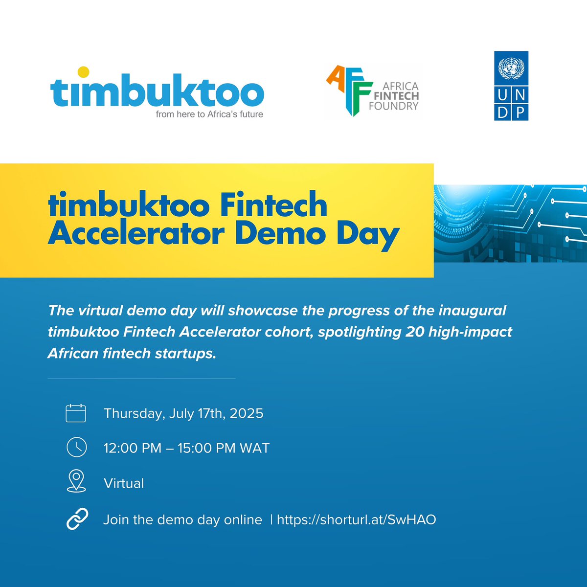 Join us for the #timbuktoo Fintech Accelerator Demo Day! 🚀 20 top African startups tackling real financial challenges take the stage.
A must for investors &amp; ecosystem players! 

📅 July 17 | 🕛 12:00 –15:00 WAT
💻 Register 👉 shorturl.at/SwHAO