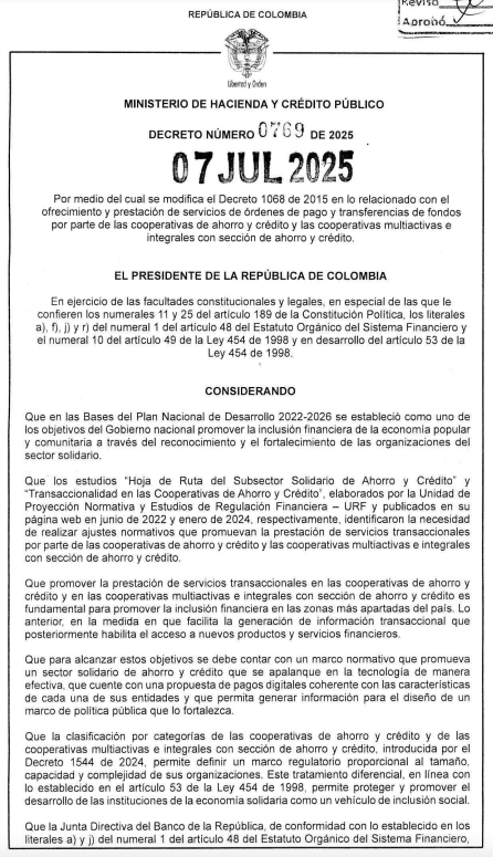 actualicese's tweet photo. #Noticia | 🚨 El @MinHacienda expidió el Decreto 0769 de 2025, con el cual creó una nueva regulación que permite que las cooperativas de ahorro y crédito y las multiactivas con sección de ahorro ofrezcan servicios de pago y transferencias de fondos 👉 https://t.co/OwLd5xpxwL https://t.co/MRYxhdrfDt