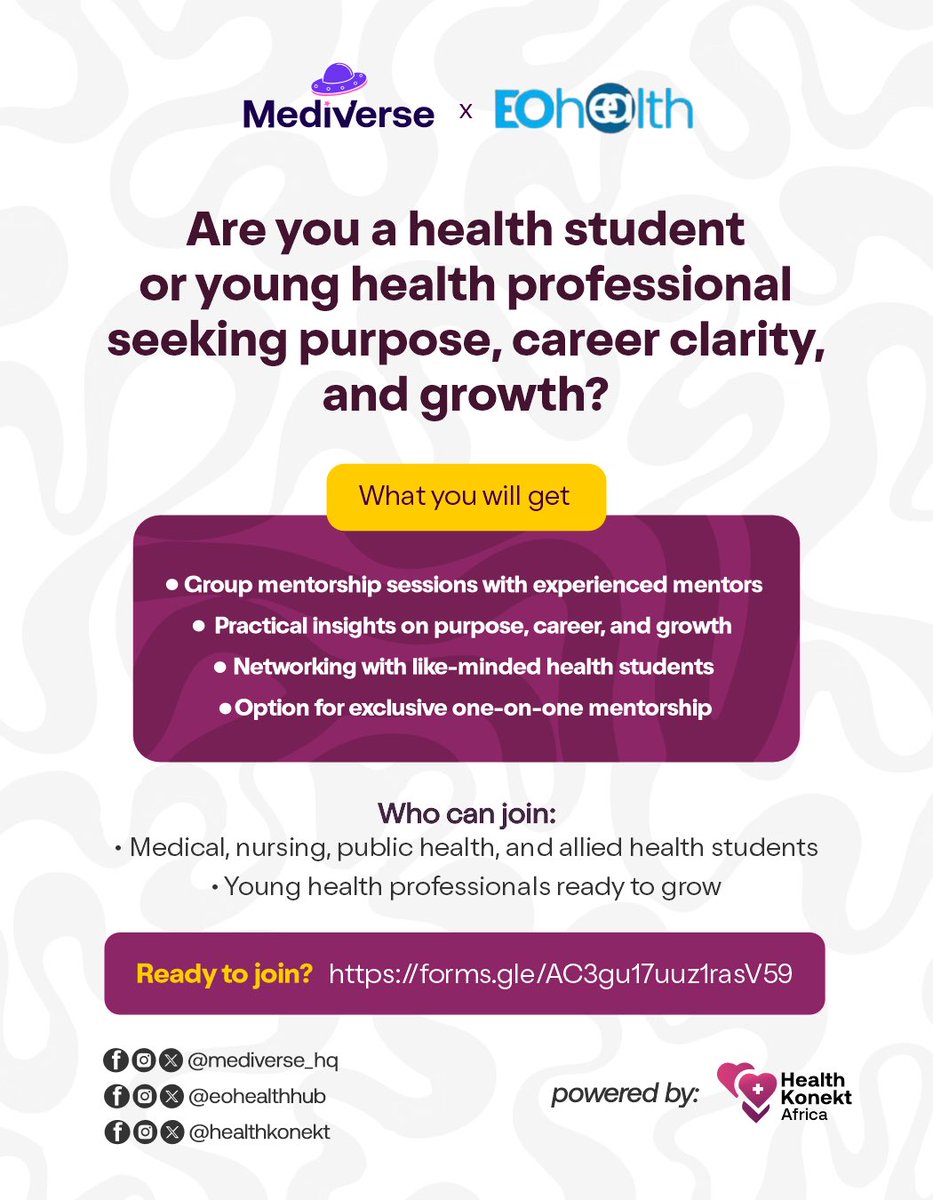 healthkonekt's tweet image. Spread the word and join our whats app group so you don’t miss any updates.
Send this to any medicine & surgery, nursing, pharm, med lab & other allied health students and Young health professionals ready to grow #BeyondTheWhiteBox
chat.whatsapp.com/Bv4Kf1P7RF24Of…