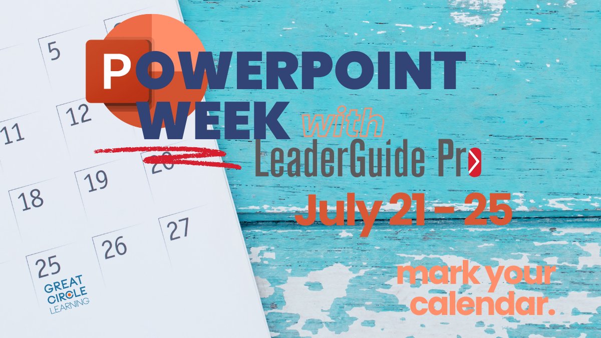 PowerPoint Week with LeaderGuide Pro Starts Next Week!

Get all the details - hubs.ly/Q03xsG090

📆 Make sure to mark your calendar to make sure you don't miss out.

Add to Outlook - hubs.ly/Q03xszYw0
Add to Google Calendar - hubs.ly/Q03xsFyx0