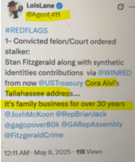 VFAFVP's tweet image. This is why Butch Conz and Eileen Conz are trying so hard to discredit Devonta Sullivan and Stan Fitzgerald while using misinformation sourced to the fictitious Lois Lane. The fictious account Doxed a family address of Trump administration official.
I should add the alleged…