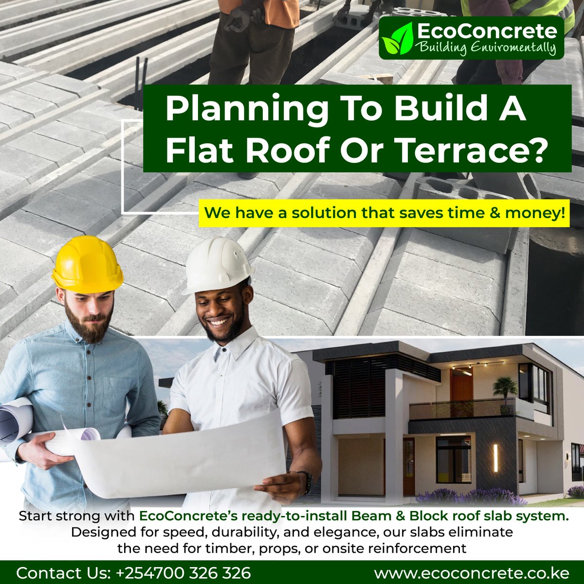 EcoConcrete’s ready floor slab system offers an efficient and reliable solution for roof slabs, eliminating the need for in-situ casting, formwork, or propping. The precast, prestressed beams and infill blocks are delivered ready to install, providing a solid, level, and