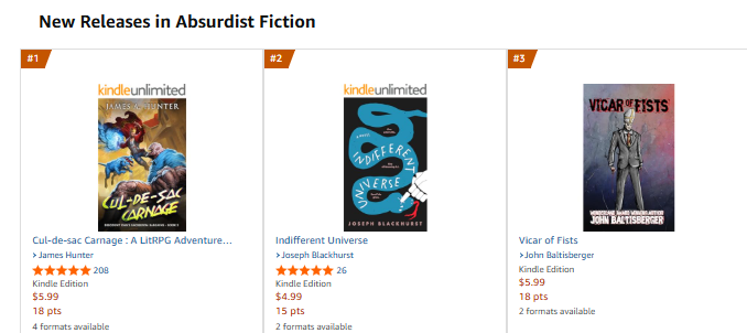 Right now, my new book Vicar of Fists is #3 in Absurdist Fiction. Which ... I am just chuffed by. If you have been wanting to check out my work, but aren't a huge fan of horror, NOW is the time. a.co/d/bpqpvuR
