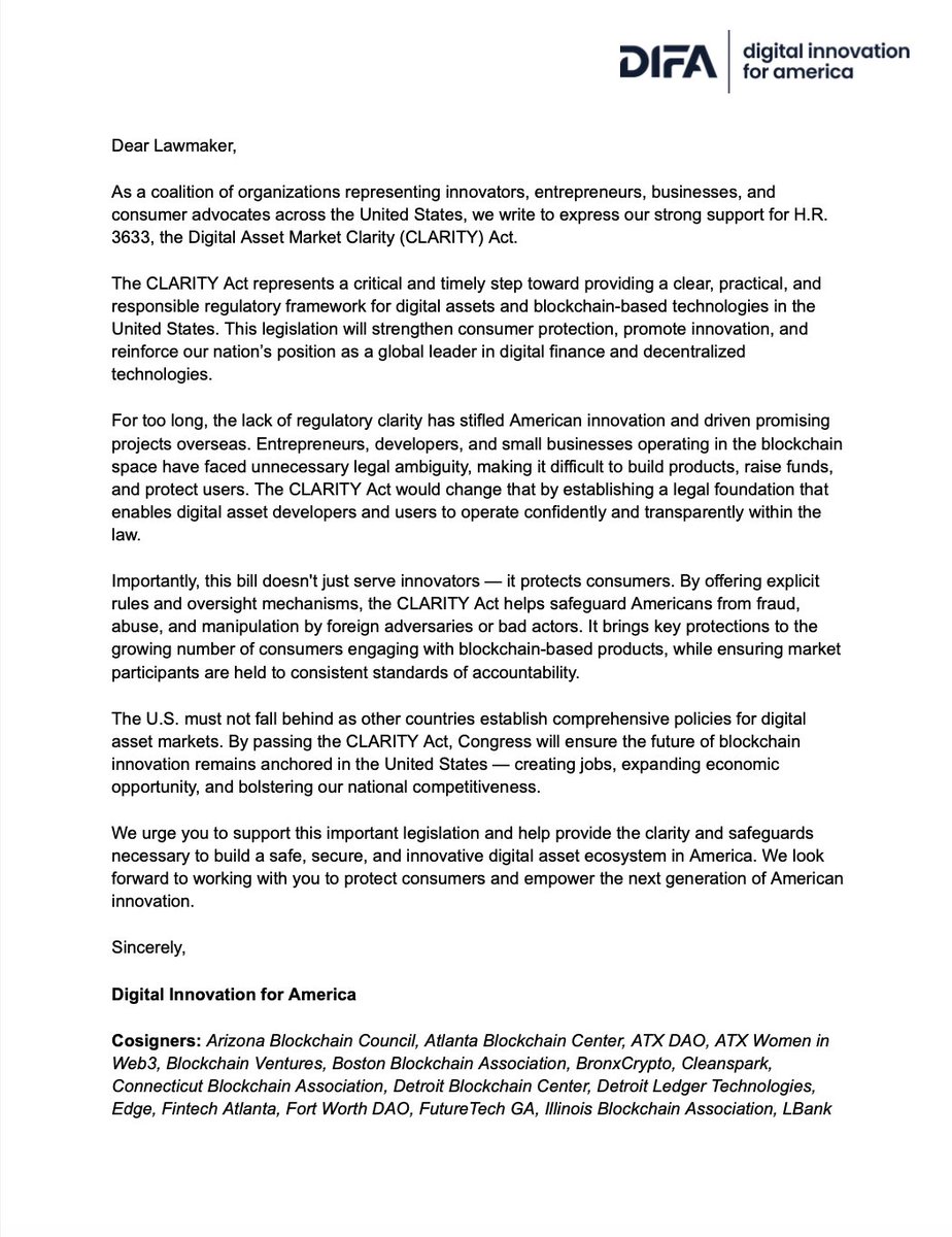 DIFA_USA's tweet image. 🚨 We're proud to stand with over 30 organizations — from state blockchain councils to DAOs to chambers of commerce — in a nationwide call to Congress:
✅ Pass the CLARITY Act (H.R. 3633).
This bill gives builders and users the clear rules they need to thrive, while ensuring…