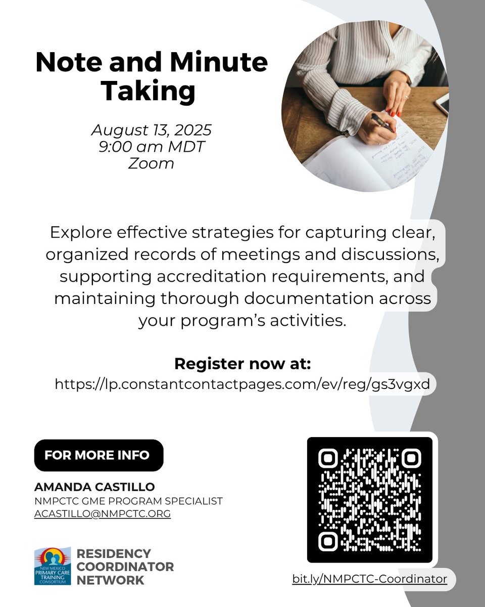 NMPCTC's tweet image. Join us for our next Residency Coordinator Network session to boost your note and minute taking skills and keep your program running smoothly!
Register now at lp.constantcontactpages.com/ev/reg/gs3vgxd
#GME #RuralGME #ProgramDevelopment #ResidencySupport #ACGME #NoteTaking #Coordinator