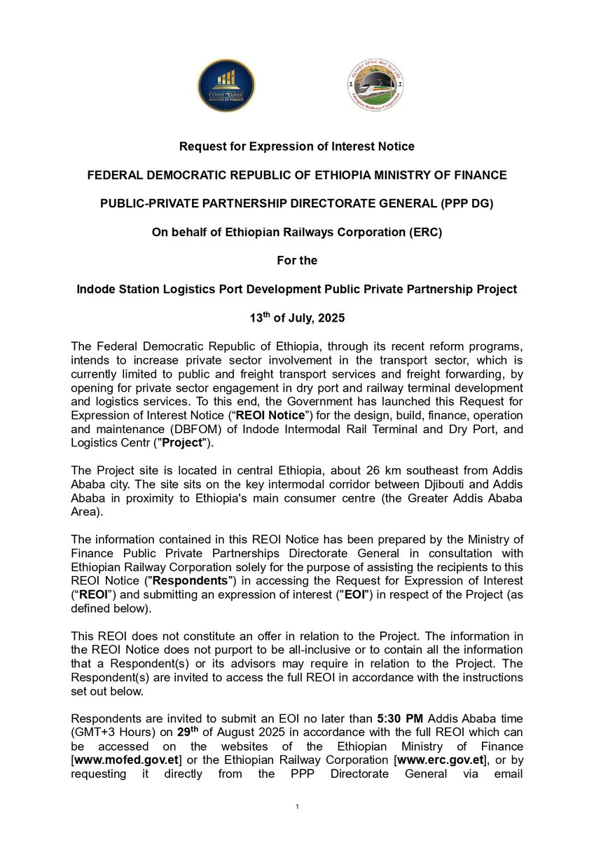 MoF_Ethiopia's tweet image. The Ministry of Finance 🇪🇹 invites Expressions of Interest for the Indode Station Logistics Port Project — a major PPP initiative with Ethiopian Railways Corporation.
🚉 On the key Djibouti–Addis trade route
📅 Deadline: Aug 29, 2025