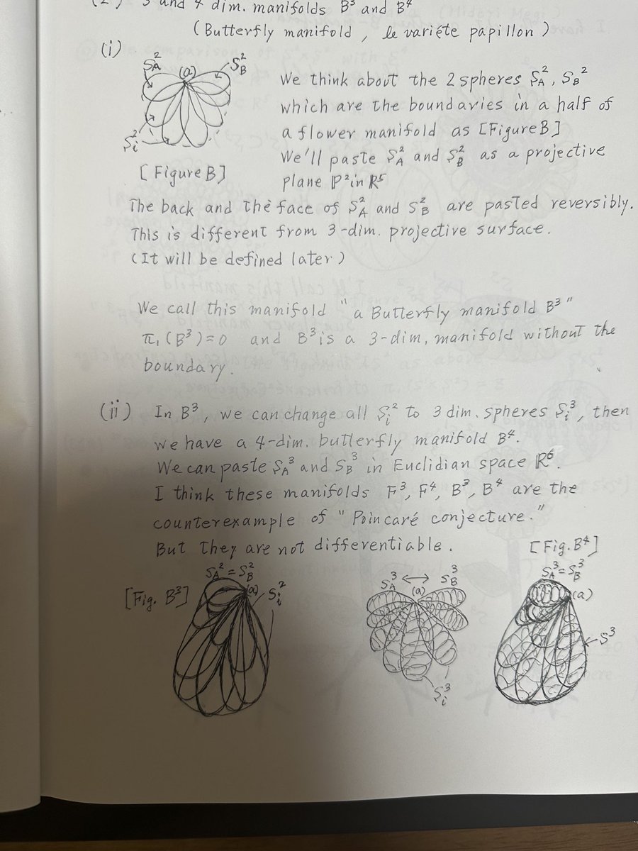 今晩は！私の著書の中で蝶多様体( Butterfly manifold)が分かりにくいと言う声があります。最初の写真は、4次元花多様体(4dim.Flower manifold)です。花多様体の半分を取ると、両端が開きます。端の2個のS^2 を貼ると3dim.Butterfly mani.
次の３次元花多様体の端を貼ると４次元蝶多様体です。😊✍️📚🦋