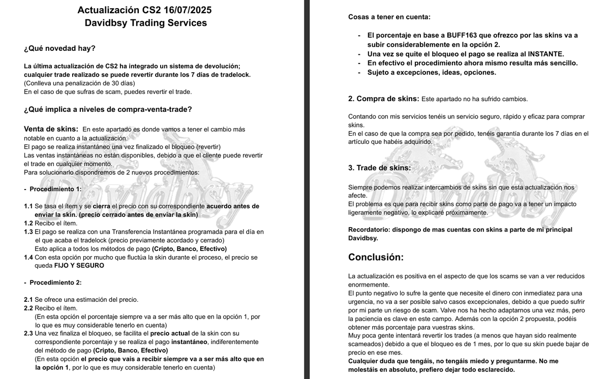 DavidbsyCS's tweet photo. Respecto a la actualización de anoche, os dejo en la foto de abajo un resumen con el nuevo procedimiento acerca de mis servicios y como nos afecta en el tema skins.
Sigo intentado renovarme para seguir ofreciendo el mejor servicio posible a mis clientes.
Se agradece difusión❤️ https://t.co/Iv1DmO6lD6