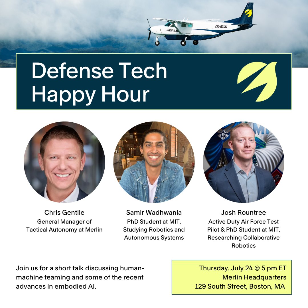 In just one week, we're hosting our next Defense Tech Happy Hour!

Join us at the Merlin headquarters in Boston on Thursday, July 24th at 5 pm for a short talk discussing human-machine teaming and some of the recent advances in embodied AI. dpsvzi9q1pm.typeform.com/to/xEnnh6L5