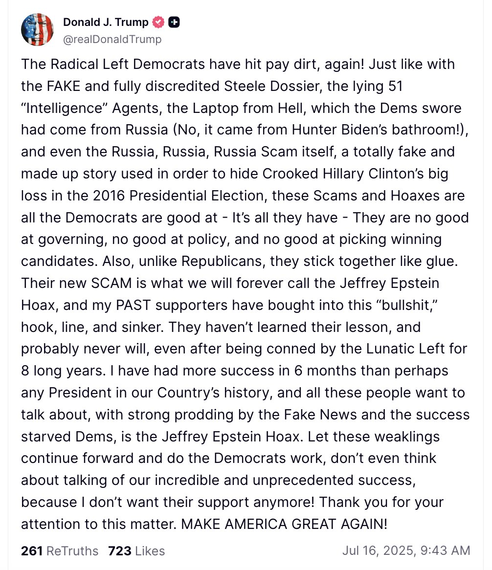 migold's tweet image. Here's Trump essentially telling his supporters — and members of Congress, by extension — that if they care about Jeffrey Epstein, they aren't MAGA anymore and he doesn't need them.
