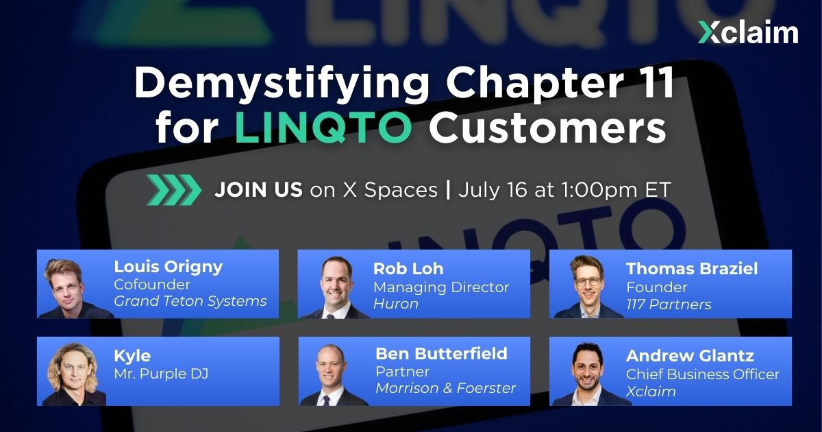 xclaiminc's tweet image. Starting in a couple hours! Spaces discussion with with @LouisOrigny, @RLohCFE, @ThomasBraziel, @MrPurple_DJ, @andreweglantz, @BenjaminButte13 diving into the the @linqtoinc bankruptcy and what it all means for the customers.
JOIN US at 1pm ET and set a reminder here ->…