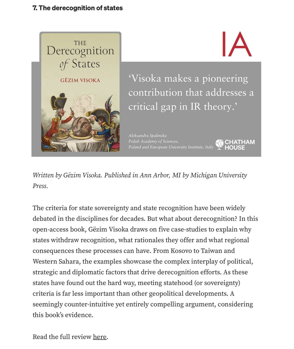 Gëzim Visoka (@gezimvisoka) on Twitter photo I am delighted to see that 'The Derecognition of States' has made it to the International Affairs summer reading list!
Thanks so much <a href="/AleksandraSpal3/">Aleksandra Spalińska</a> and <a href="/IAJournal_CH/">International Affairs</a>!
press.umich.edu/Books/T/The-De…
<a href="/UofMPress/">University of Michigan Press</a> | <a href="/LawGovDCU/">Law and Gov DCU</a> | <a href="/HumanitiesDCU/">Faculty of Humanities & Social Sciences @ DCU</a> | <a href="/DCU_Research/">DCU Research</a> I am delighted to see that 'The Derecognition of States' has made it to the International Affairs summer reading list!
Thanks so much <a href="/AleksandraSpal3/">Aleksandra Spalińska</a> and <a href="/IAJournal_CH/">International Affairs</a>!
press.umich.edu/Books/T/The-De…
<a href="/UofMPress/">University of Michigan Press</a> | <a href="/LawGovDCU/">Law and Gov DCU</a> | <a href="/HumanitiesDCU/">Faculty of Humanities & Social Sciences @ DCU</a> | <a href="/DCU_Research/">DCU Research</a>
