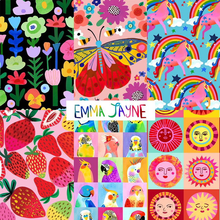 emma_j_designs's tweet image. I want to put one of my designs onto a re-usable bag but I just can't decide which one and I need your help! From the designs here, which one do you think I should use?  Thanks so much 😊

They are: Dark floral, Butterfly, Unicorns, Strawbs, Birds and Suns
#illustrators