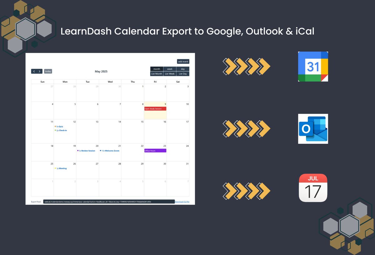 Use our Events Calendar for LearnDash add-on to easily export calendar events to Google Calendar, Outlook Calendar, and iCal.

#WordPress #LearnDash #GoogleCalendar #Outlook #iCal

buff.ly/FRYtBYI